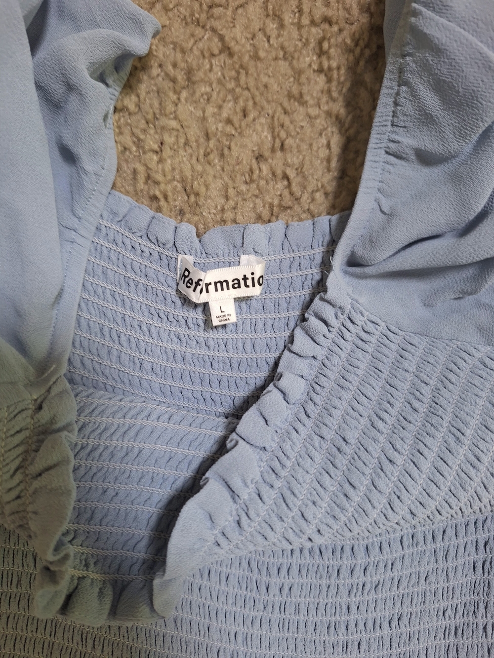 Reformation Blue Smocked Bodice Midi Dress Puff Sleeve Ruffle Hem Side Slit Sz L - Picture 4 of 7